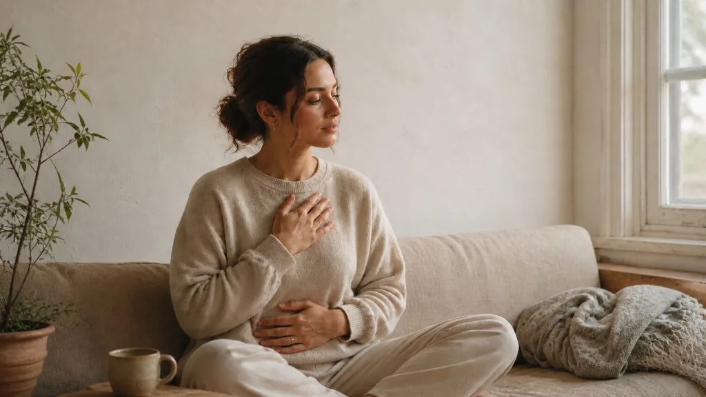 A woman sits on a sofa with one hand on her chest and the other on her abdomen, practising a grounding exercise in a quiet, sunlit room.