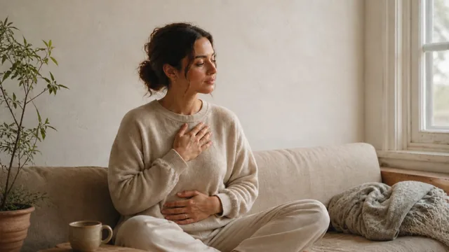 A woman sits on a sofa with one hand on her chest and the other on her abdomen, practising a grounding exercise in a quiet, sunlit room.