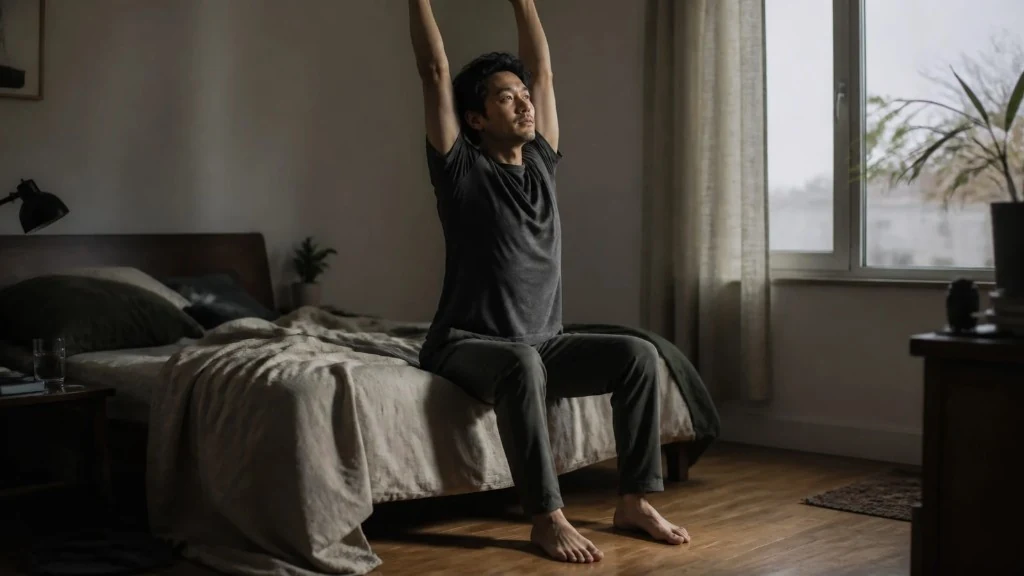 A man sits on the edge of his bed and reaches upward as morning light enters the room.