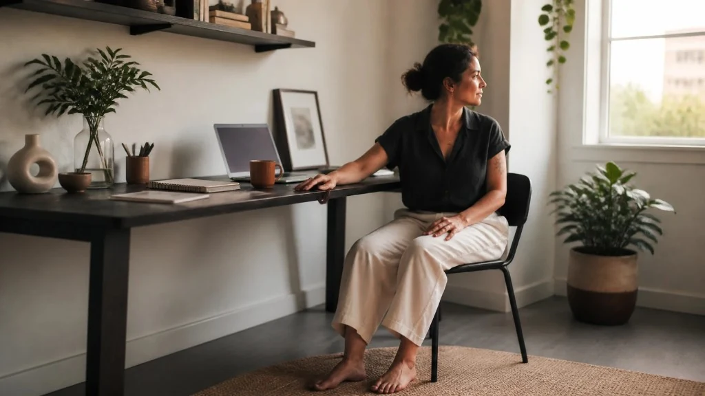 A woman grounds herself at a desk by feeling its edge and looking toward the window.