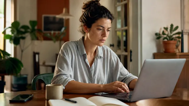 A person sits at a home desk with a laptop, phone and papers, looking mentally overloaded in ordinary daylight.