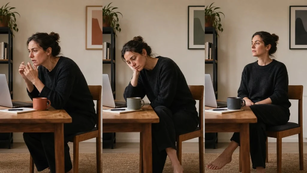 The same woman appears in three seated postures showing overwhelm, flatness and steadiness.