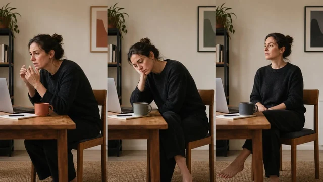 The same woman appears in three seated postures showing overwhelm, flatness and steadiness.