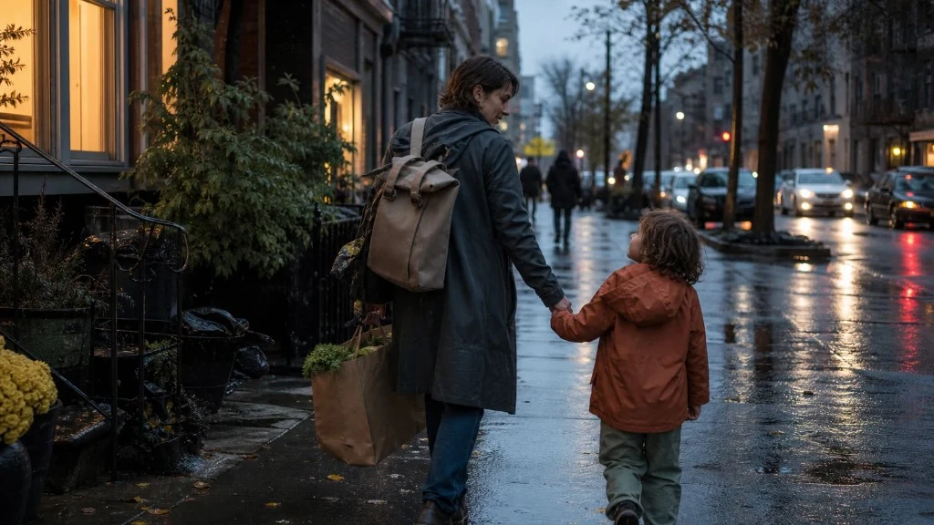 An adult carrying groceries walks hand in hand with a child along a rainy city street.
