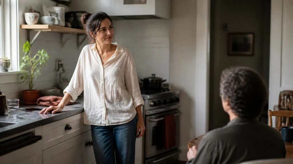 A woman pauses at a kitchen bench and turns her attention back toward a person seated at the table.