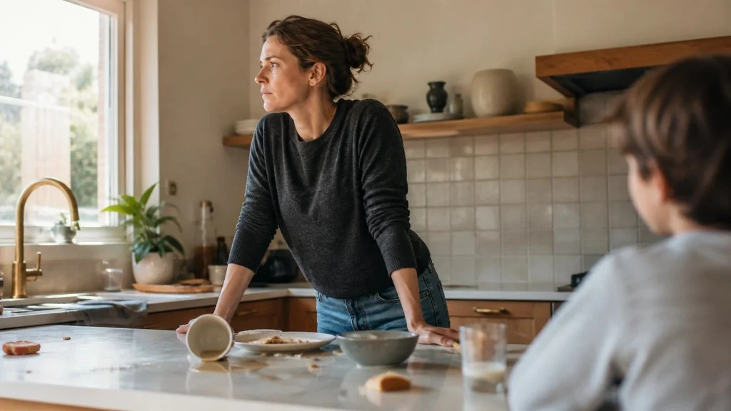 A parent pauses at a messy kitchen counter and looks outside before responding to a child.