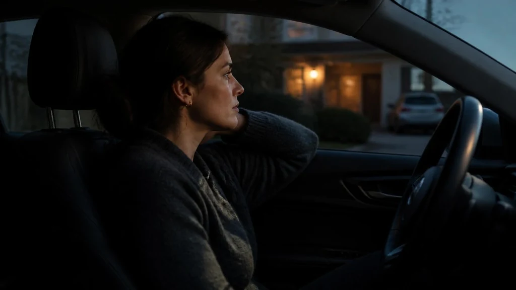 A woman pauses in a parked car at dusk after arriving home from work.