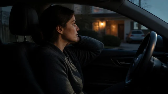 A woman pauses in a parked car at dusk after arriving home from work.