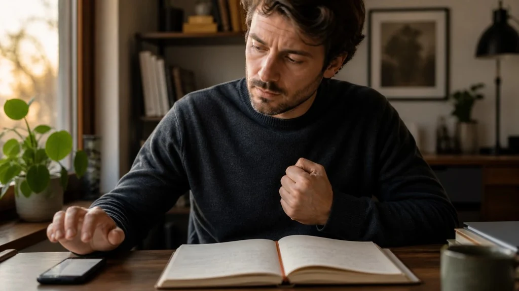 A man notices his hand clenching as he reaches toward a phone beside an open notebook.