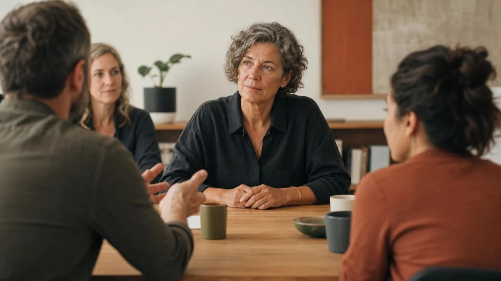 A woman listens attentively during a challenging team discussion around a table.