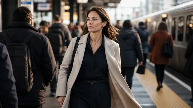 A woman walks steadily through a busy train platform as commuters move around her.