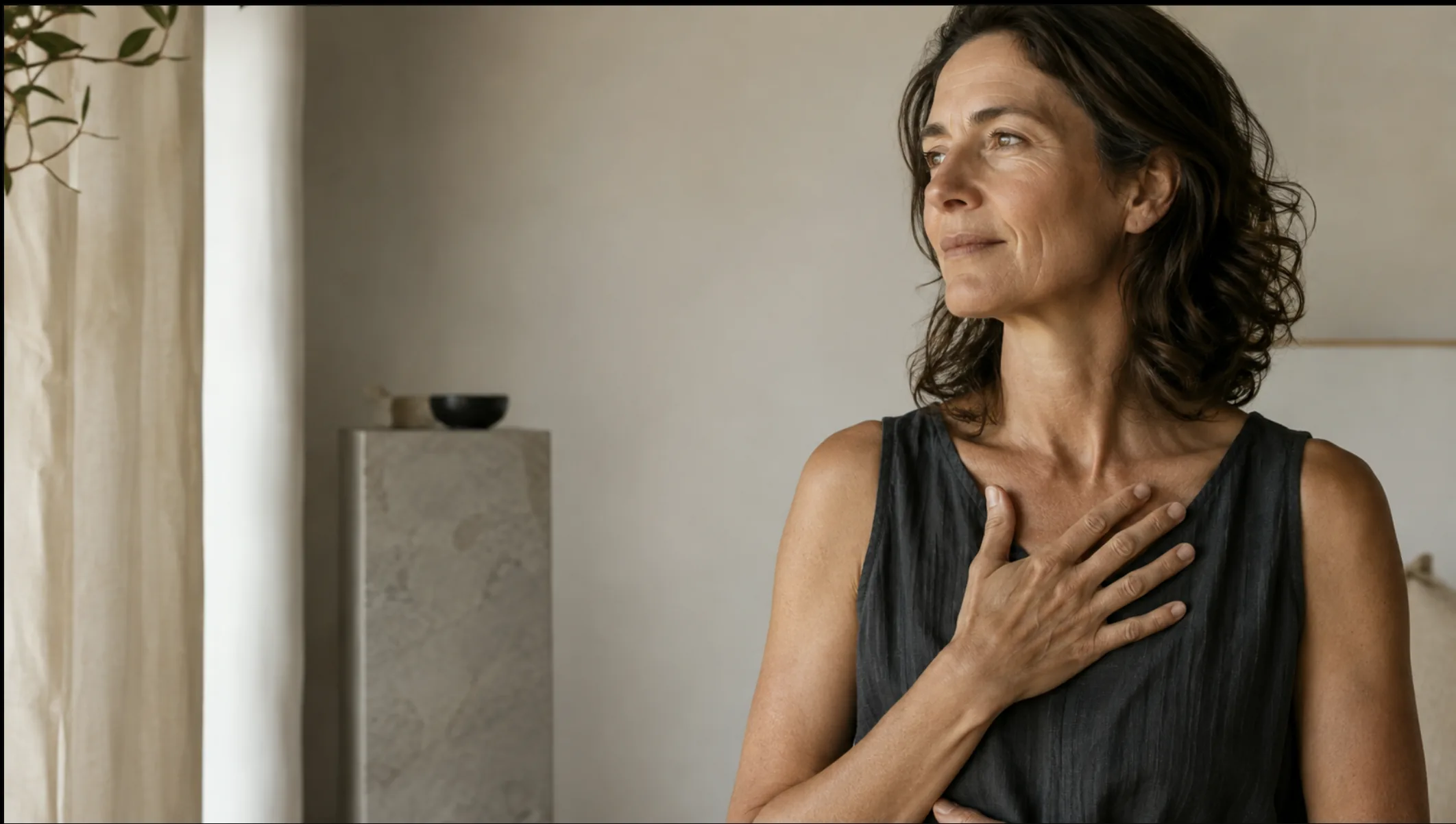 A woman standing quietly indoors with a hand over her heart, looking toward the light