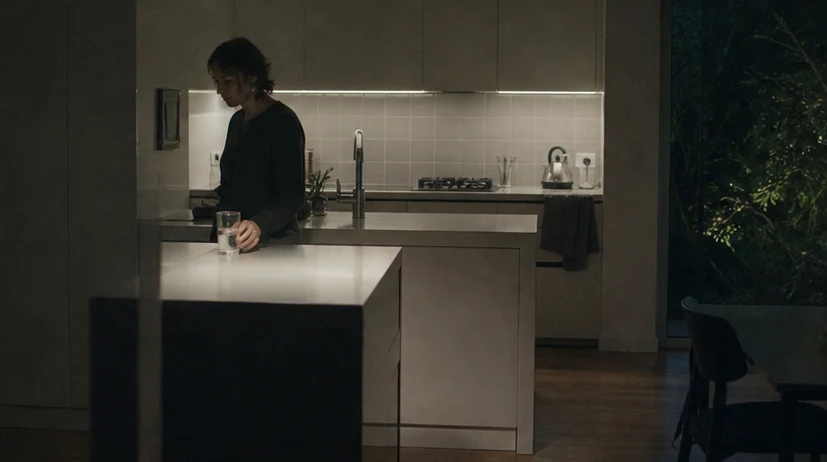 A quiet kitchen at 4am with a glass of water