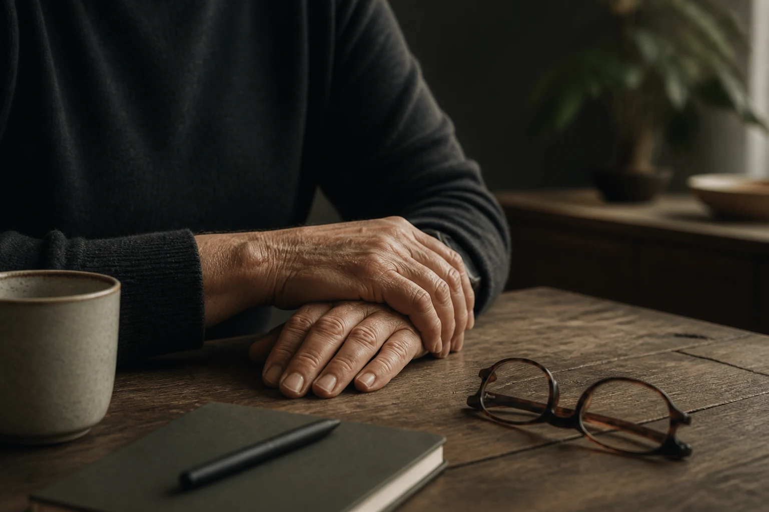Hands resting on a timber desk beside a notebook and reading glasses