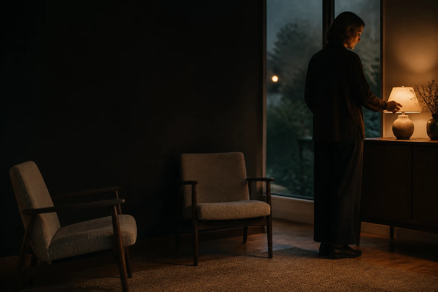 End-of-day consultation room as a therapist switches off a small lamp near empty chairs