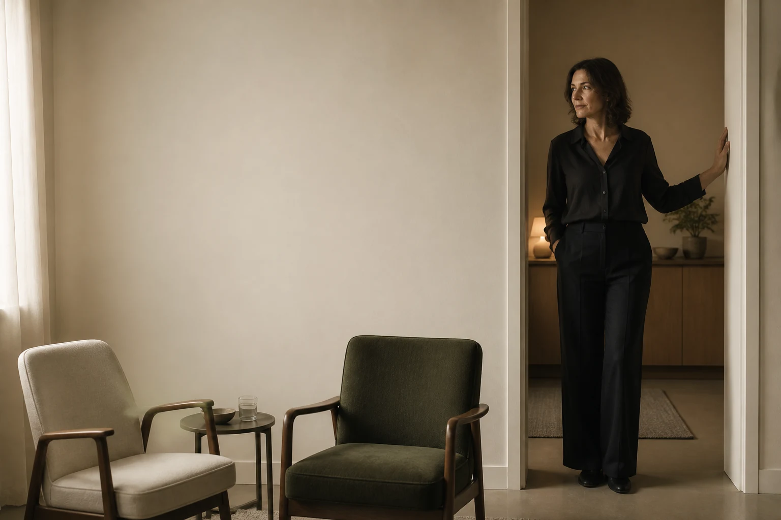A therapist standing quietly in the doorway of an empty consultation room between sessions