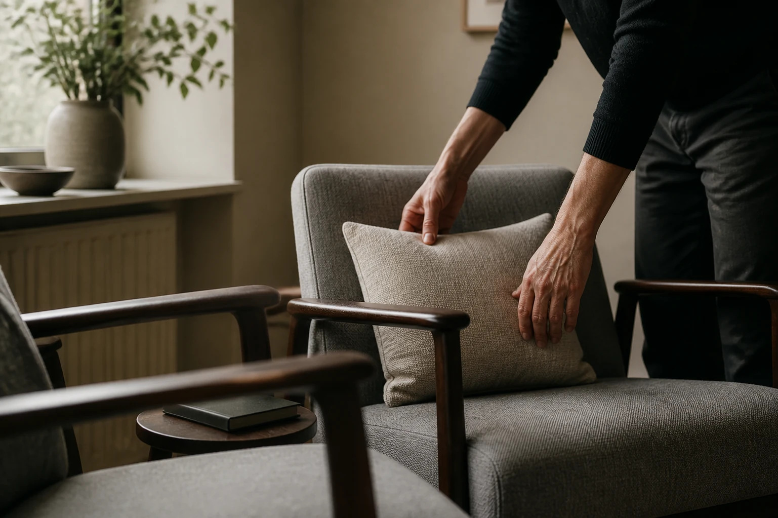Therapist hands resetting chairs and a cushion after a session